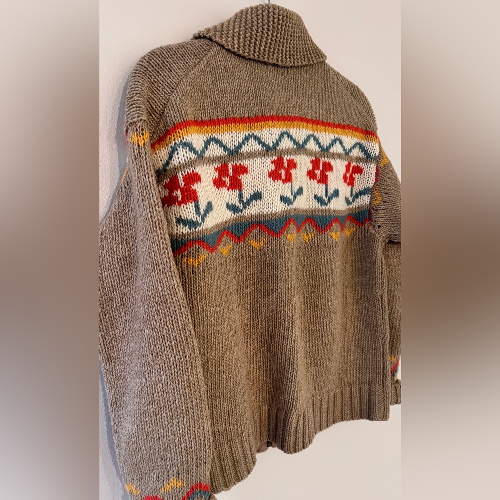 Toad&Co Brown Fair Isle Zip-Front Wool Sweater Jacket with Red & Teal Accents - Picture 3 of 6
